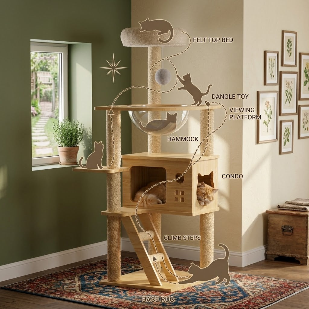 ValuTail™ Modern Wooden Cat Tree Tower with Acrylic Space Capsule