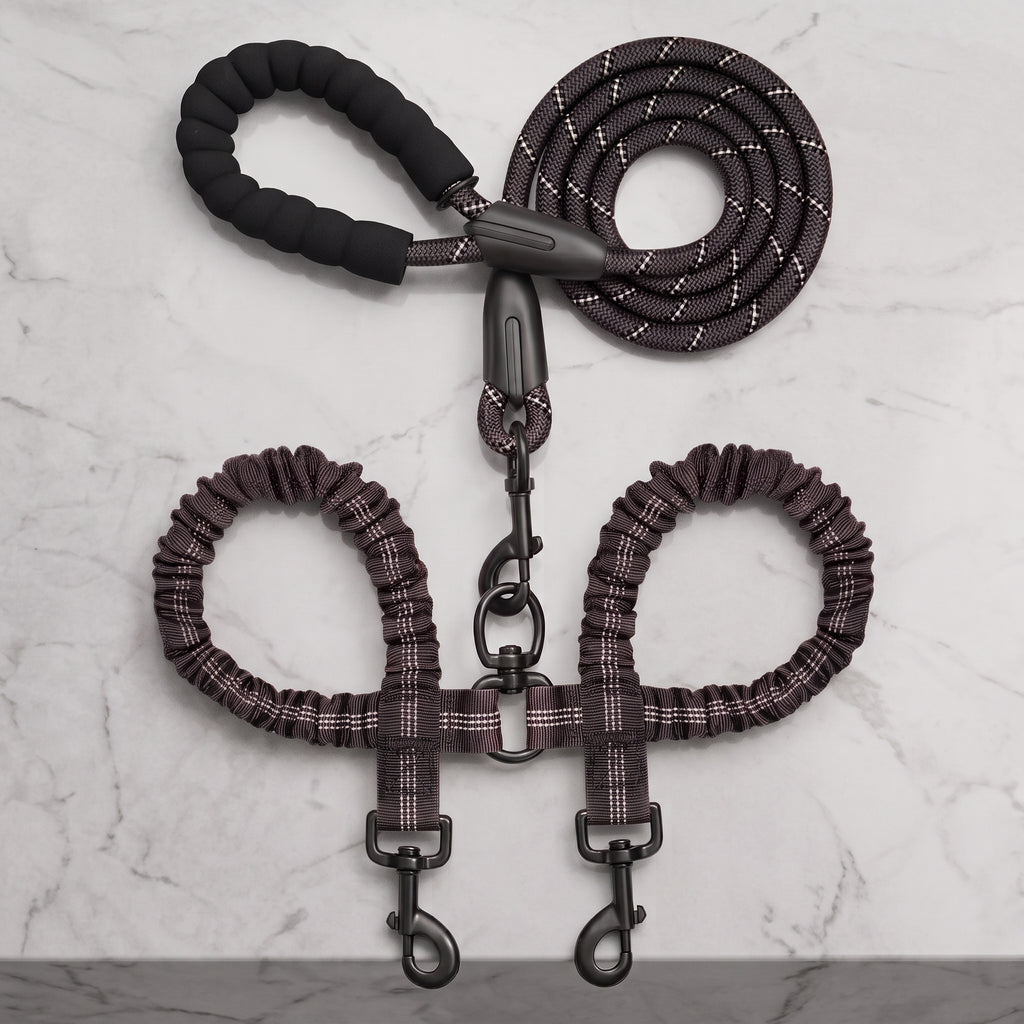 Heavy-Duty Reflective Dual Dog Leash Set – Tangle-Free Double Bungee Extension with Comfortable Padded Handle for 2 Dogs