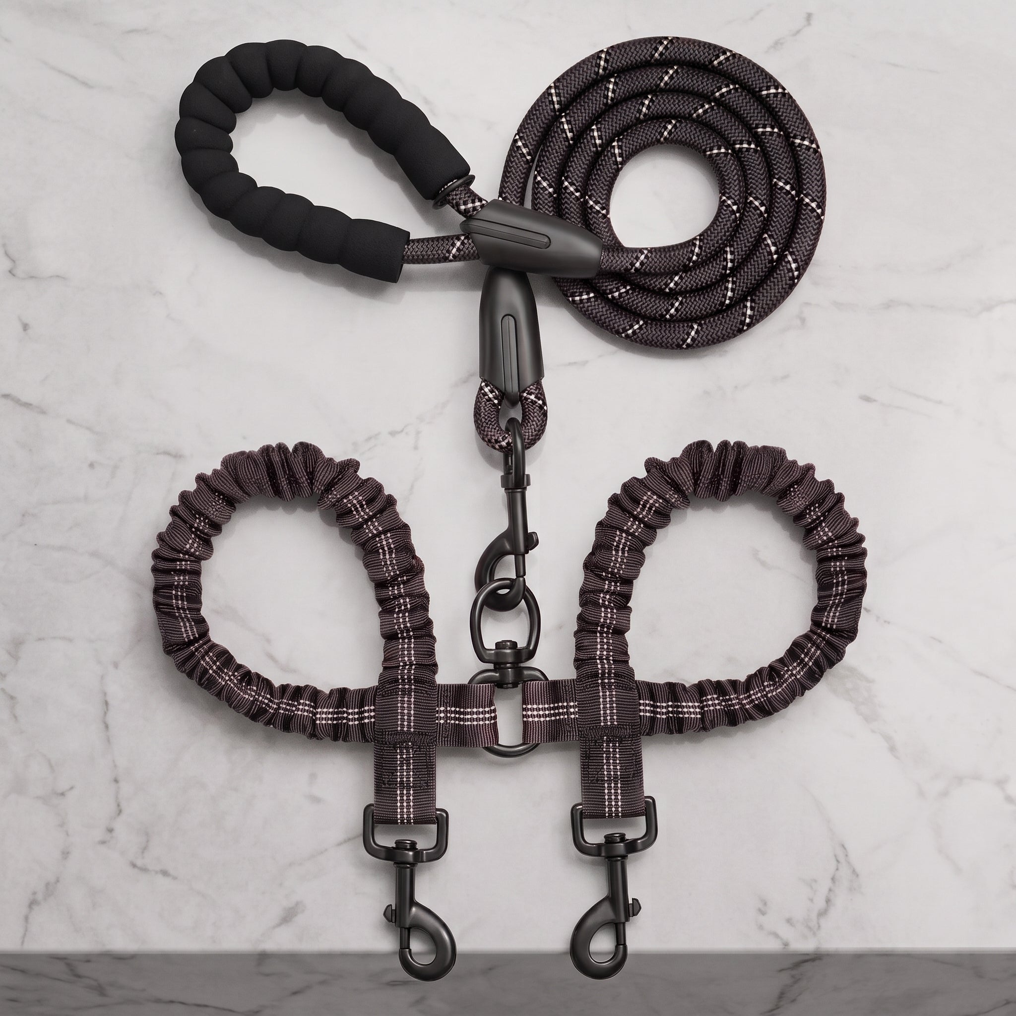 Heavy-Duty Reflective Dual Dog Leash Set – Tangle-Free Double Bungee Extension with Comfortable Padded Handle for 2 Dogs
