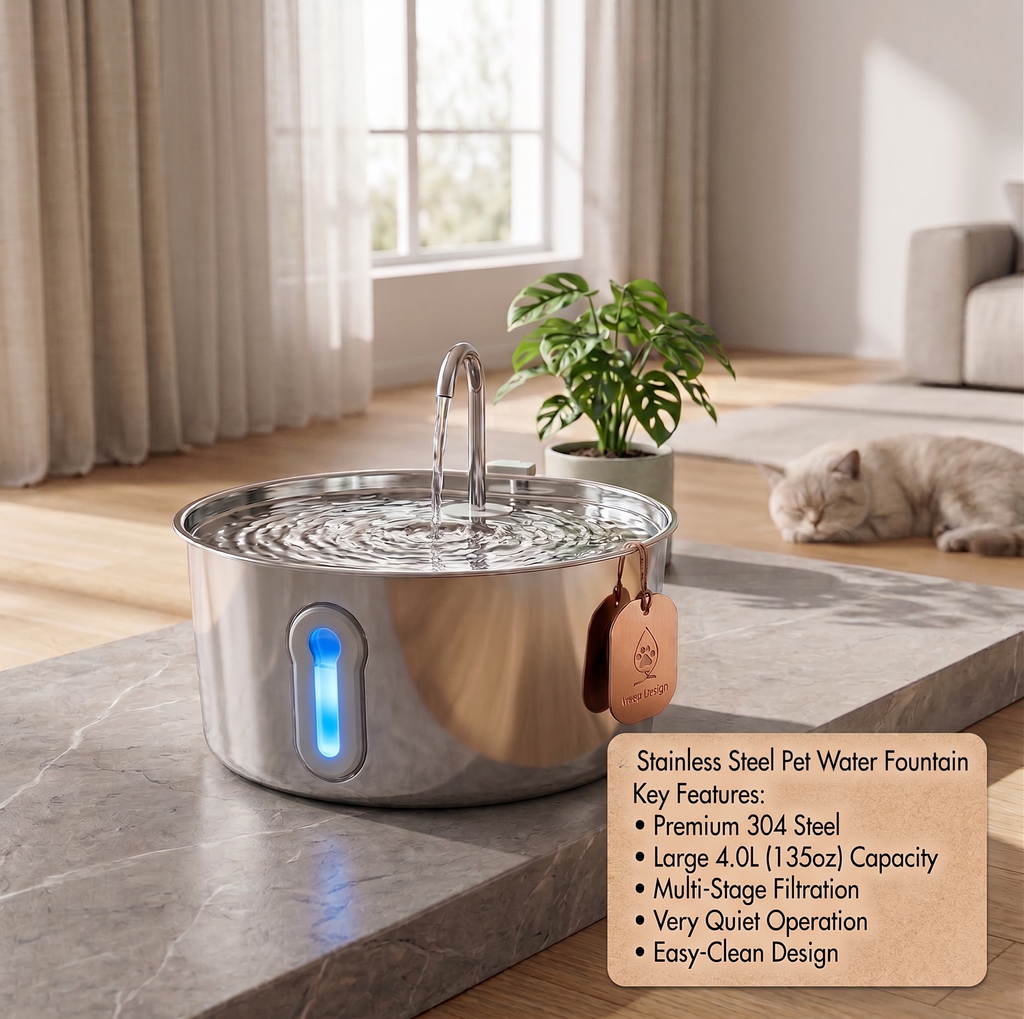 4.0L Stainless Steel Pet Water Fountain - Large Capacity Ultra-Quiet Cat & Dog Dispenser