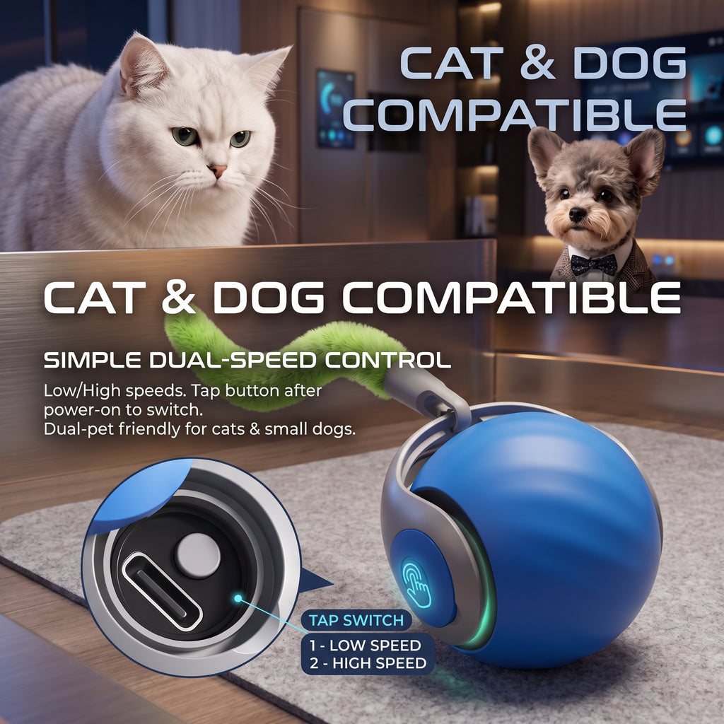 Interactive Smart Motion Pet Toy Ball – Automatic Rolling Moving Toy with Plush Tail & 2-Speed Modes for Cats & Dogs