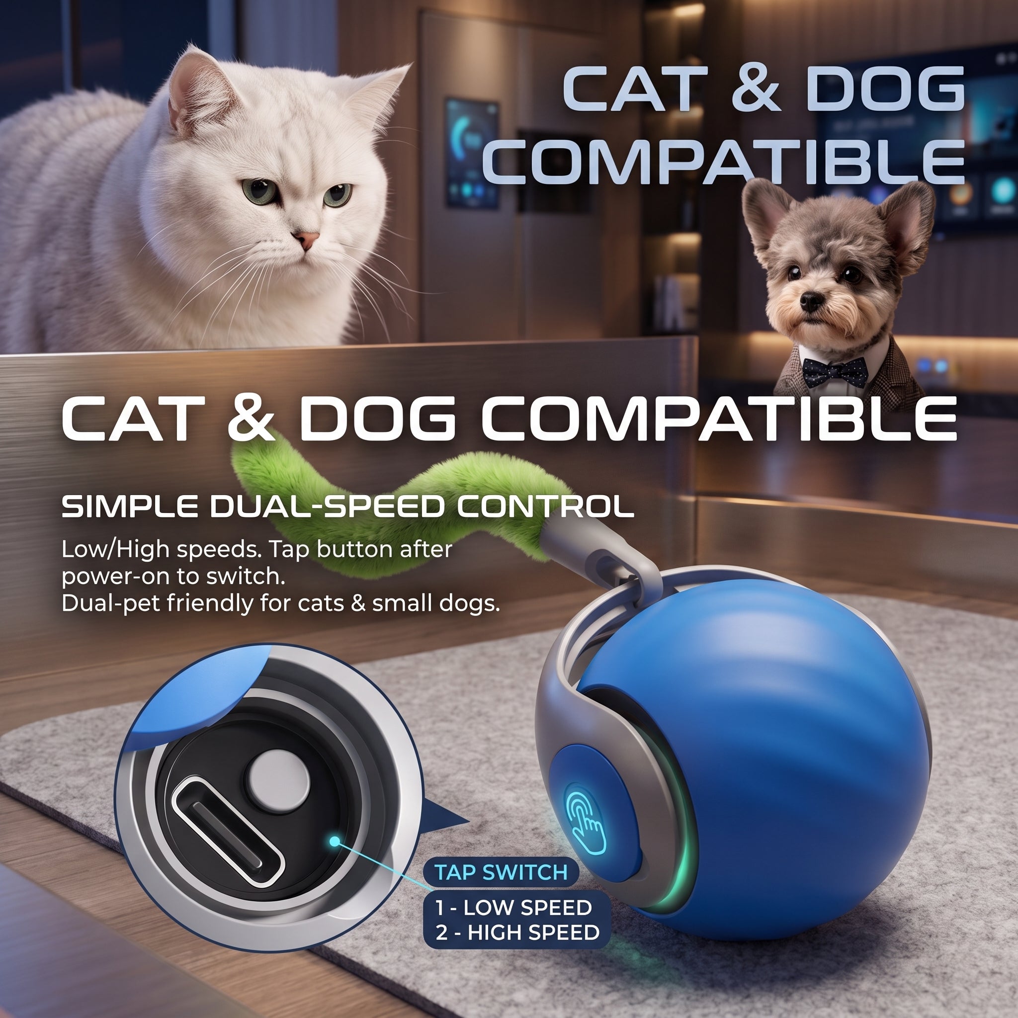 Interactive Smart Motion Pet Toy Ball – Automatic Rolling Moving Toy with Plush Tail & 2-Speed Modes for Cats & Dogs