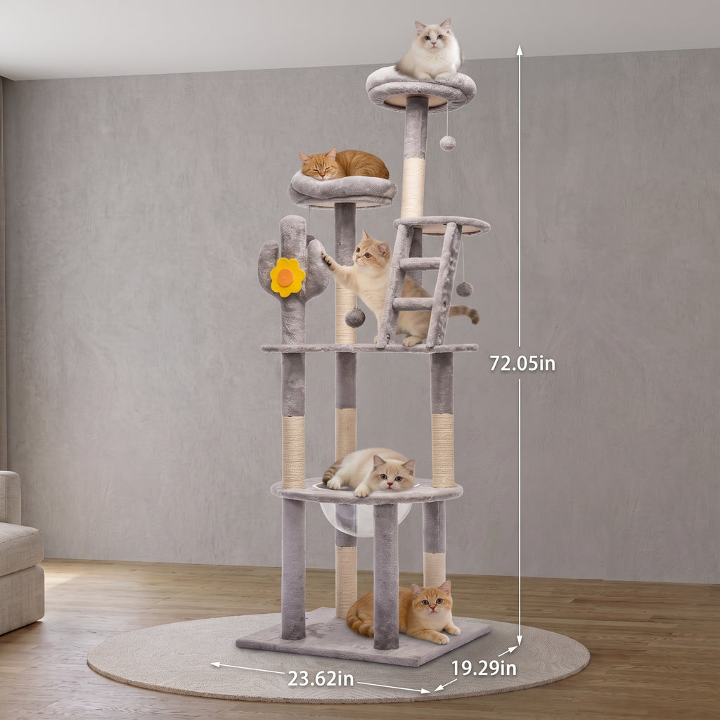 72.05" Multi-Level Cactus Cat Tree with Space Capsule Bubble Bed & Sisal Scratchers - Grey