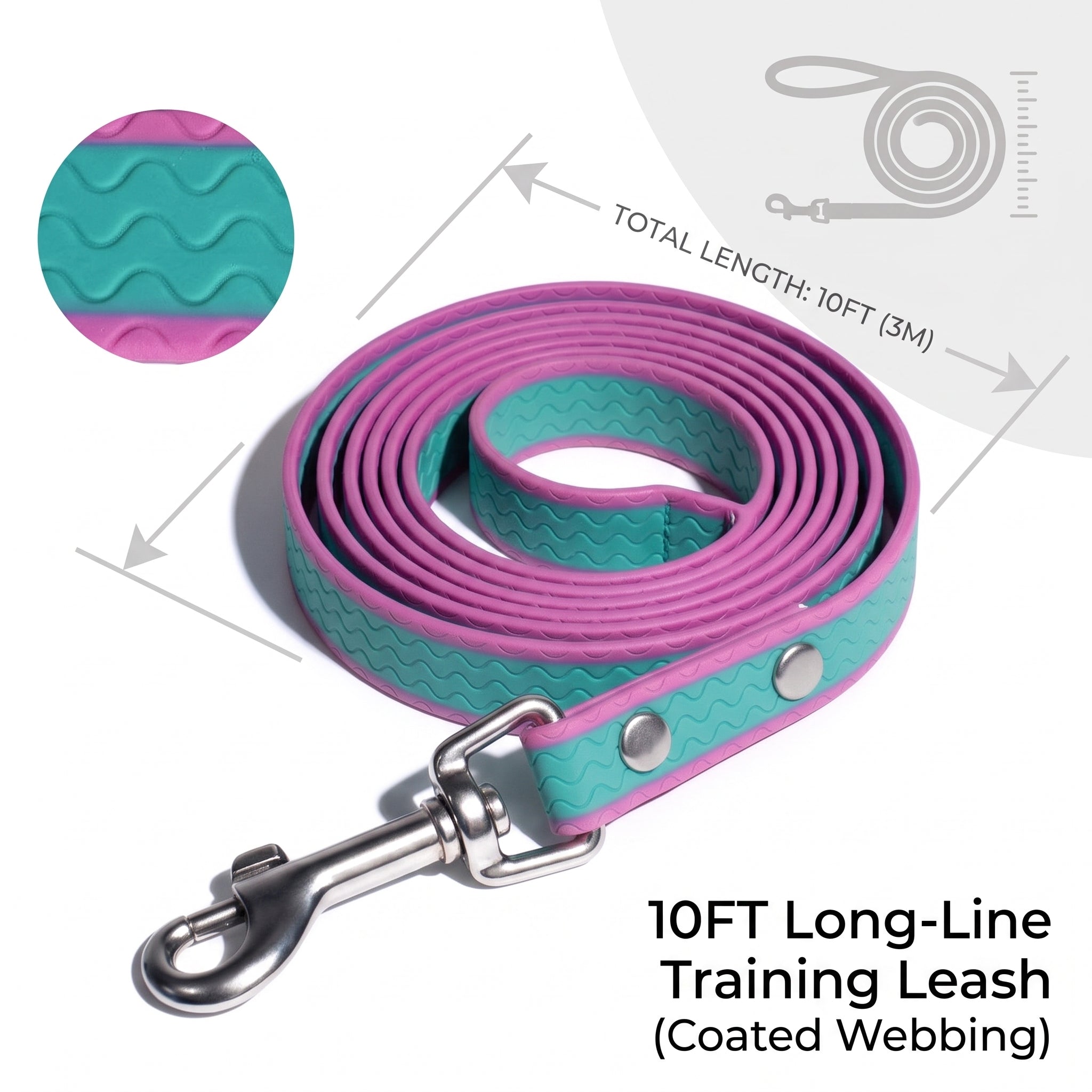 10 Feet Waterproof Long Dog Training Leash - PVC Coated, Odorproof & Tangle-Free Lead for All Dog Breeds