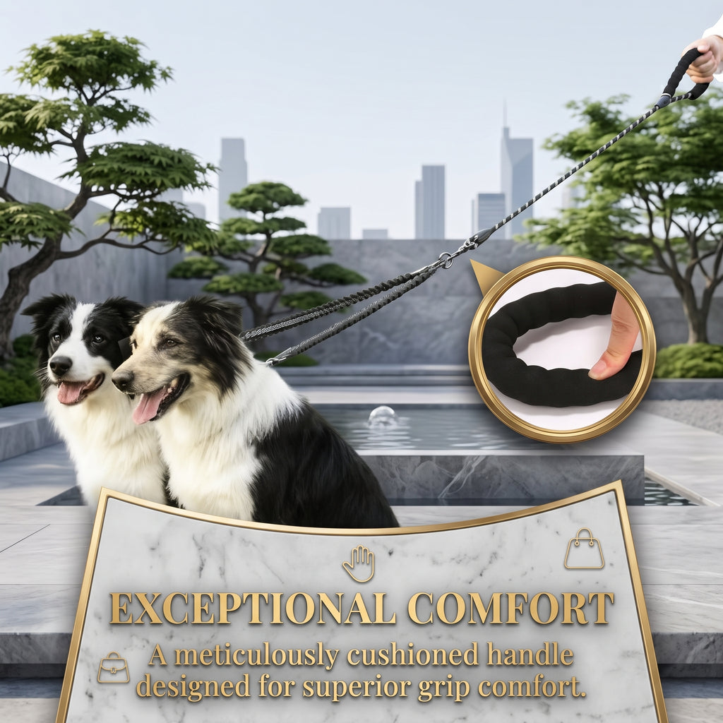 Heavy-Duty Reflective Dual Dog Leash Set – Tangle-Free Double Bungee Extension with Comfortable Padded Handle for 2 Dogs