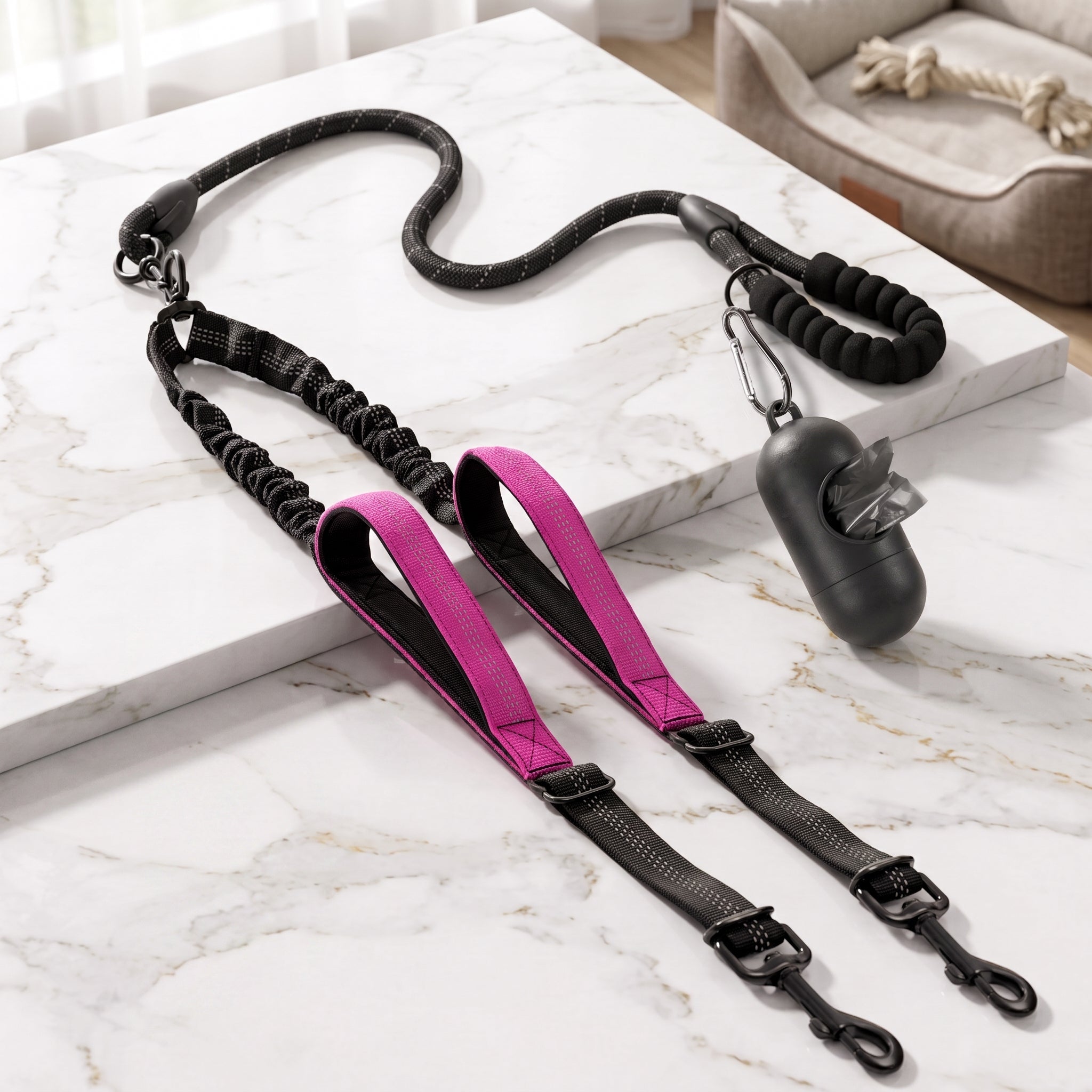 Double Dog Leash No-Tangle, Reflective Heavy Duty Dual Dog Leash with Padded Handle & Bungee Shock Absorbing for Small, Medium, Large Dogs