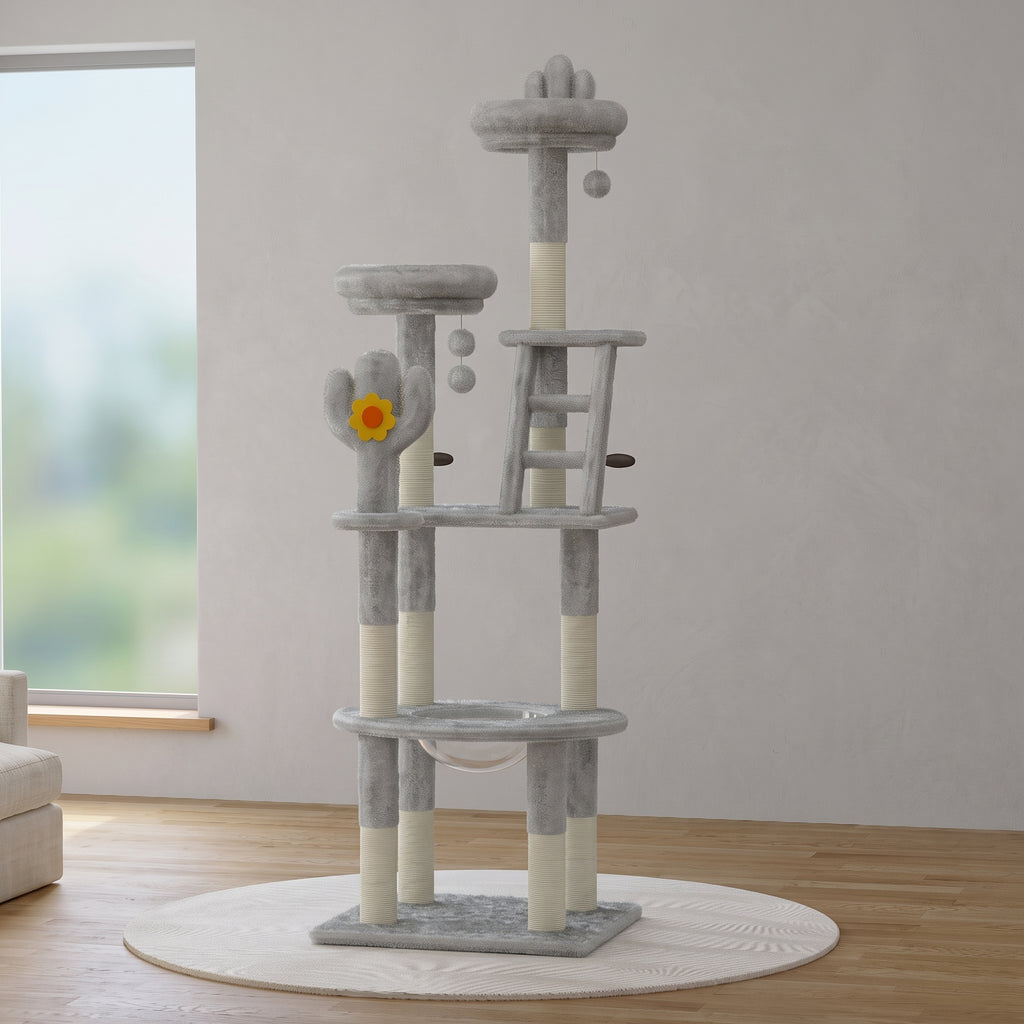 72.05" Multi-Level Cactus Cat Tree with Space Capsule Bubble Bed & Sisal Scratchers - Grey