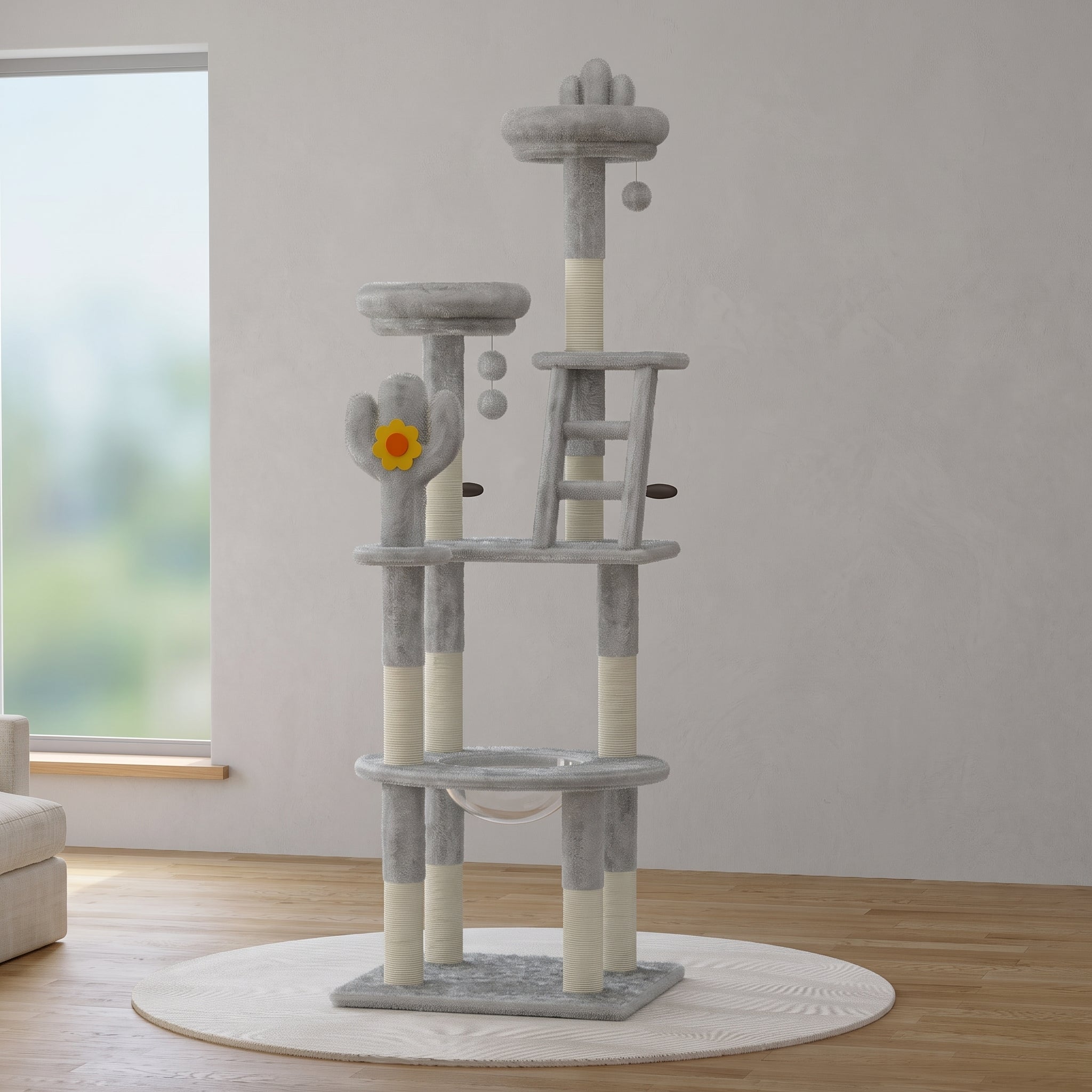 72.05" Multi-Level Cactus Cat Tree with Space Capsule Bubble Bed & Sisal Scratchers - Grey