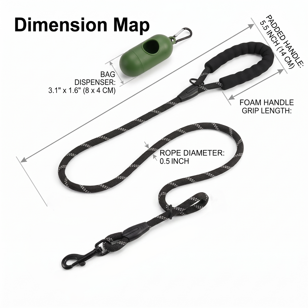 ValuTail™ 6 FT Heavy Duty Reflective Dog Leash with Padded Handle & Poop Bag Dispenser