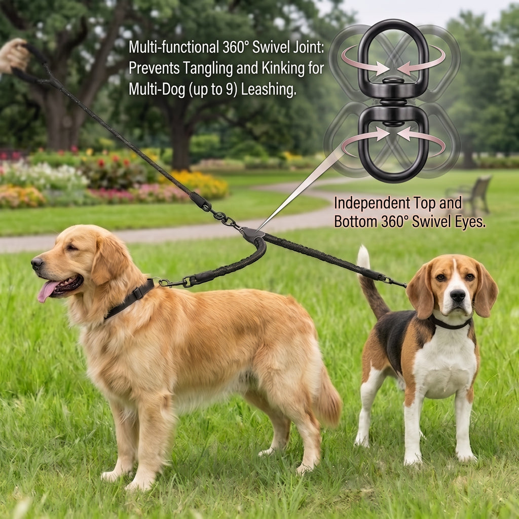 Double Dog Leash No-Tangle, Reflective Heavy Duty Dual Dog Leash with Padded Handle & Bungee Shock Absorbing for Small, Medium, Large Dogs