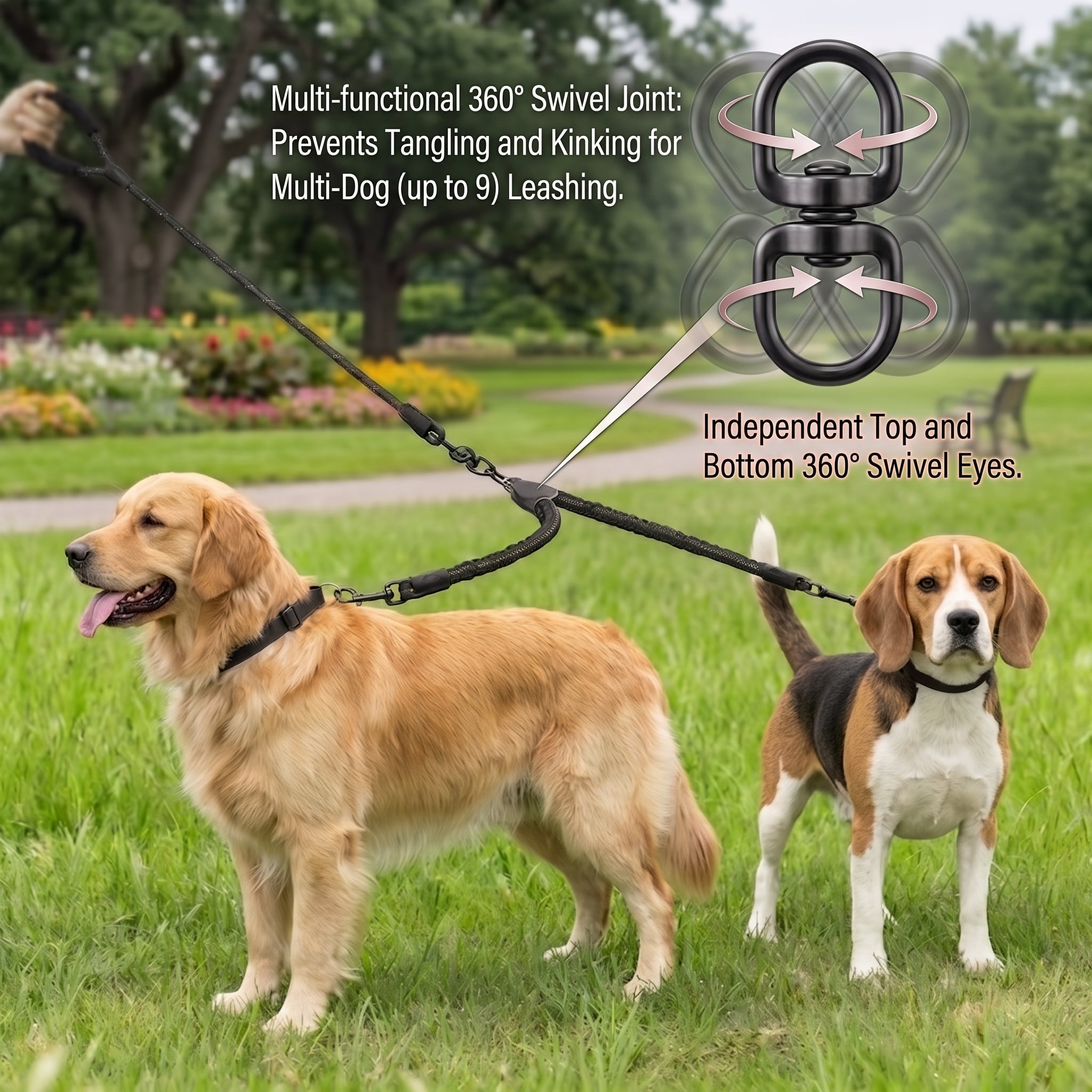 Double Dog Leash No-Tangle, Reflective Heavy Duty Dual Dog Leash with Padded Handle & Bungee Shock Absorbing for Small, Medium, Large Dogs