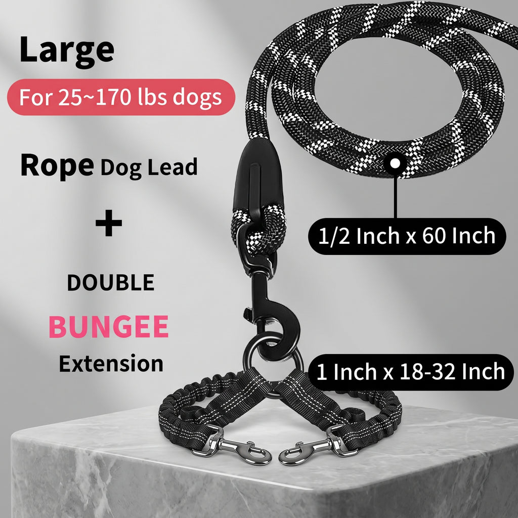 Heavy-Duty Reflective Dual Dog Leash Set – Tangle-Free Double Bungee Extension with Comfortable Padded Handle for 2 Dogs