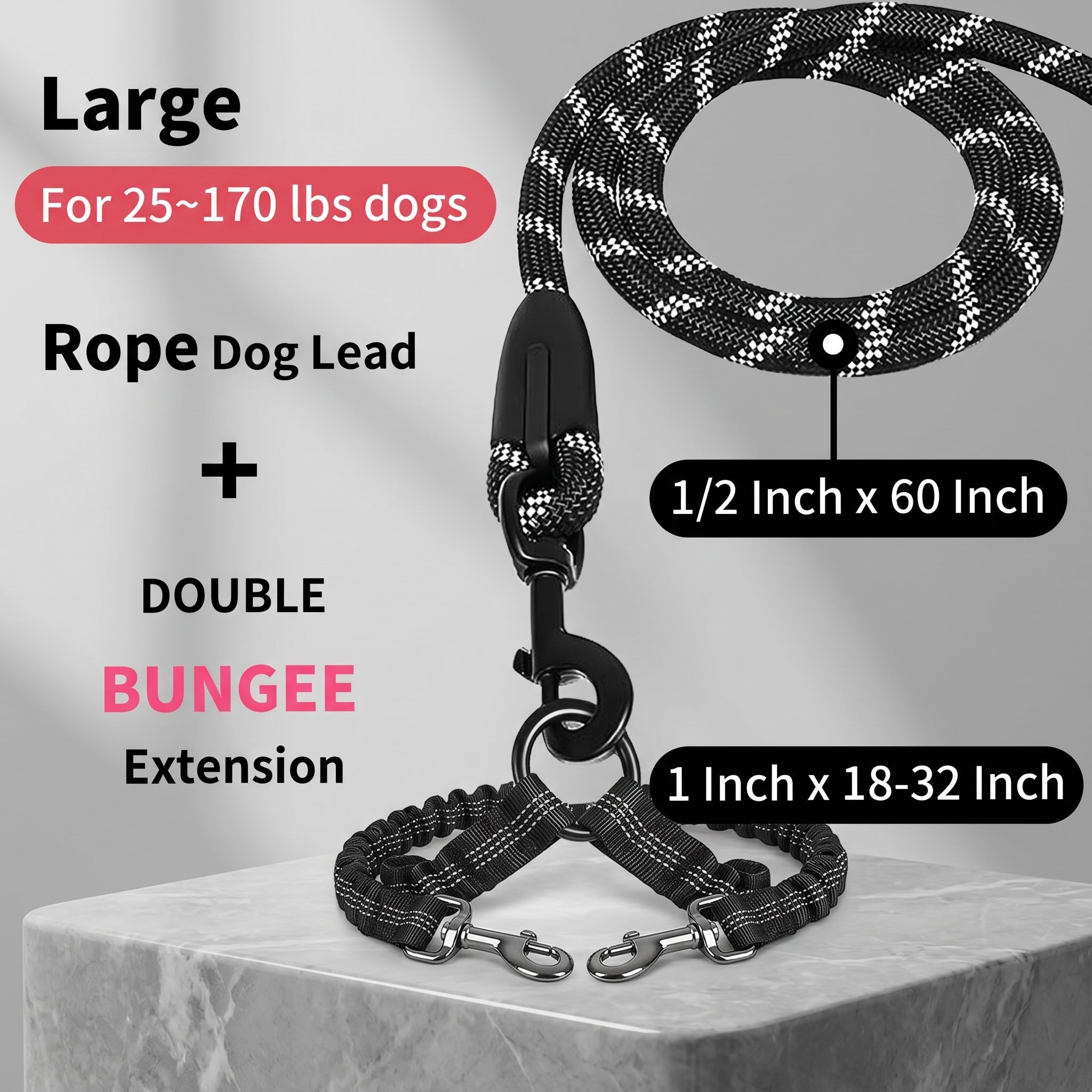 Heavy-Duty Reflective Dual Dog Leash Set – Tangle-Free Double Bungee Extension with Comfortable Padded Handle for 2 Dogs