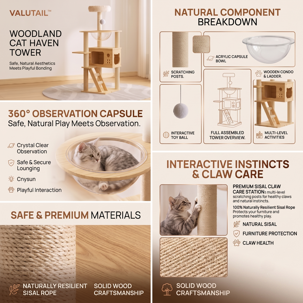 ValuTail™ Modern Wooden Cat Tree Tower with Acrylic Space Capsule