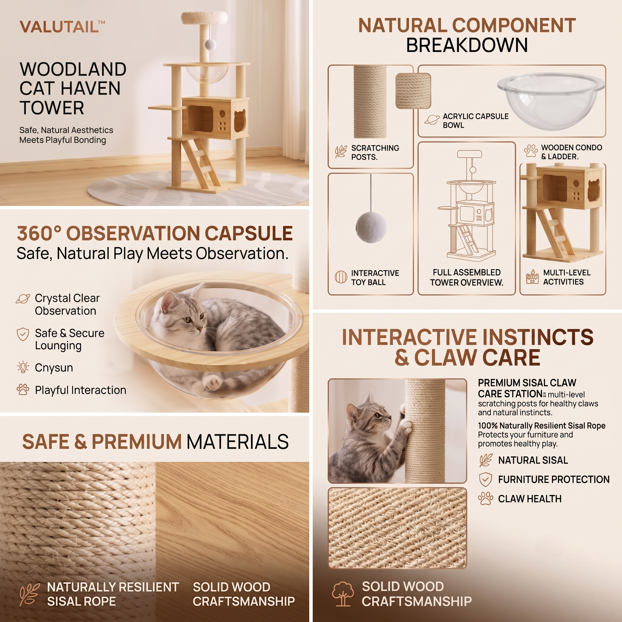 ValuTail™ Modern Wooden Cat Tree Tower with Acrylic Space Capsule