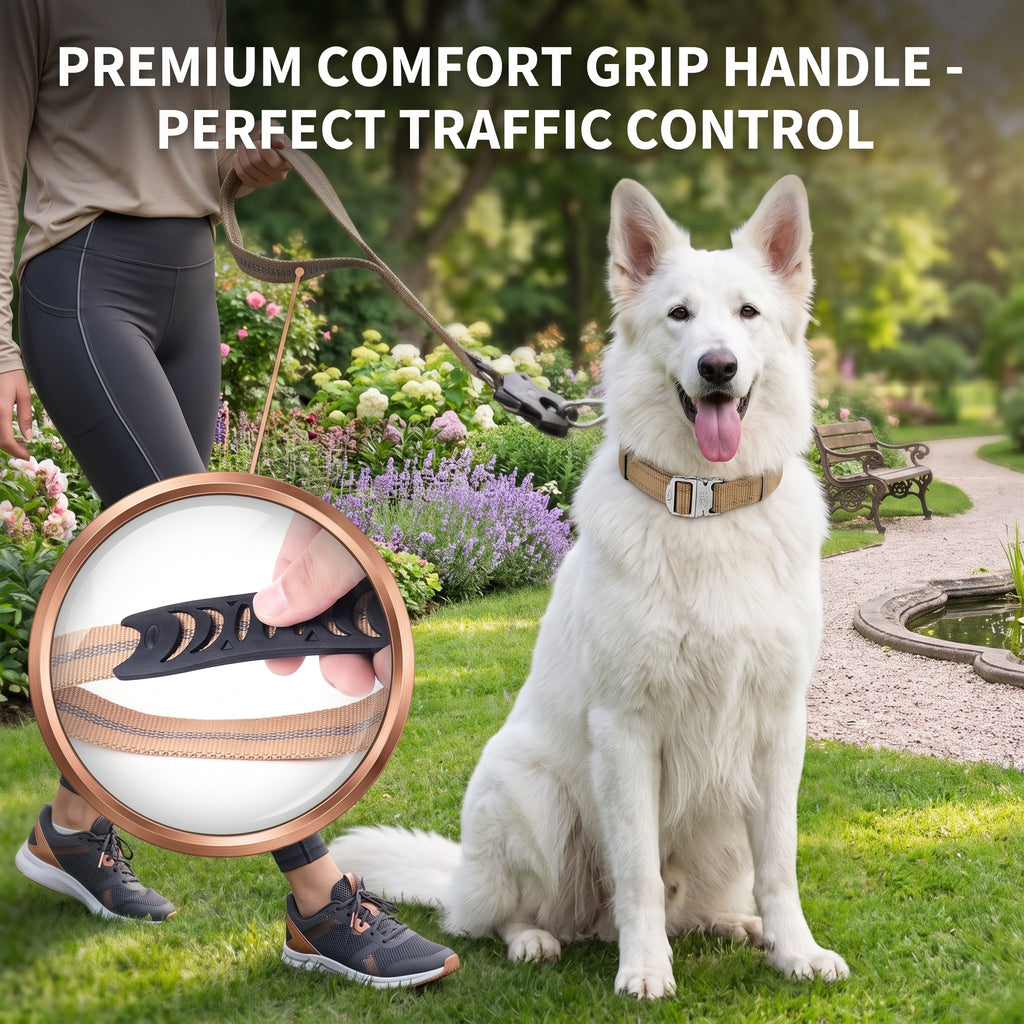 Premium Nylon 2-in-1 Reflective Khaki Tactical Design Car Leash with Shock-Absorbing Bungee, Dual Handles, and Frogtongue Buckle - For Medium to Large Dogs