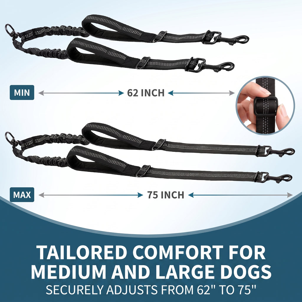 Double Dog Leash No-Tangle, Reflective Heavy Duty Dual Dog Leash with Padded Handle & Bungee Shock Absorbing for Small, Medium, Large Dogs