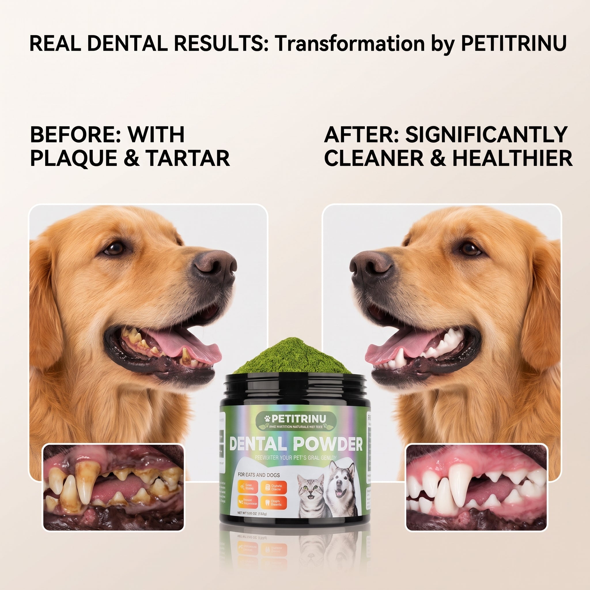 Natural Pet Dental Powder for Dogs & Cats – Freshens Breath, Removes Plaque & Tartar, Advanced Formula (150g / 5.29 oz)