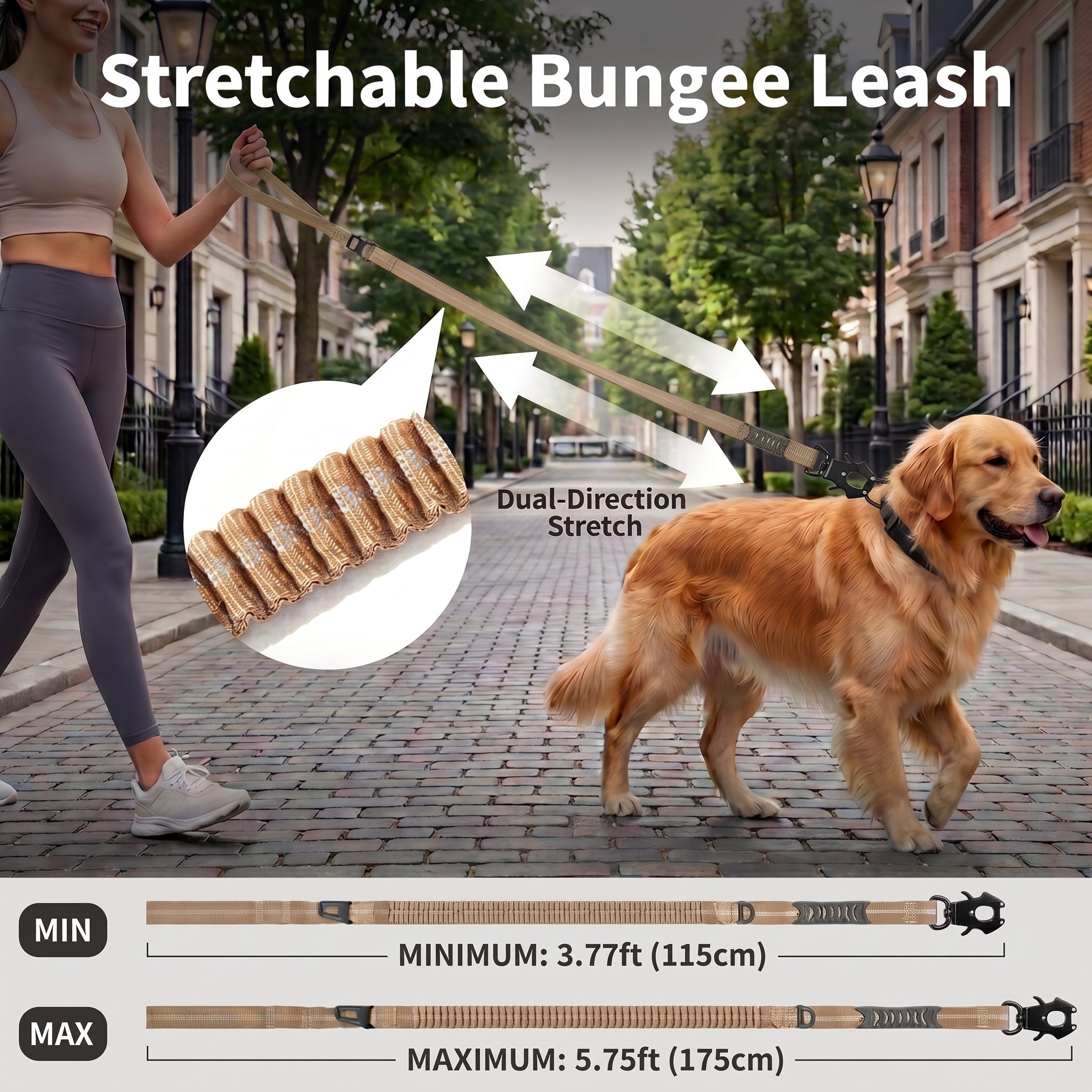 Premium Nylon 2-in-1 Reflective Khaki Tactical Design Car Leash with Shock-Absorbing Bungee, Dual Handles, and Frogtongue Buckle - For Medium to Large Dogs