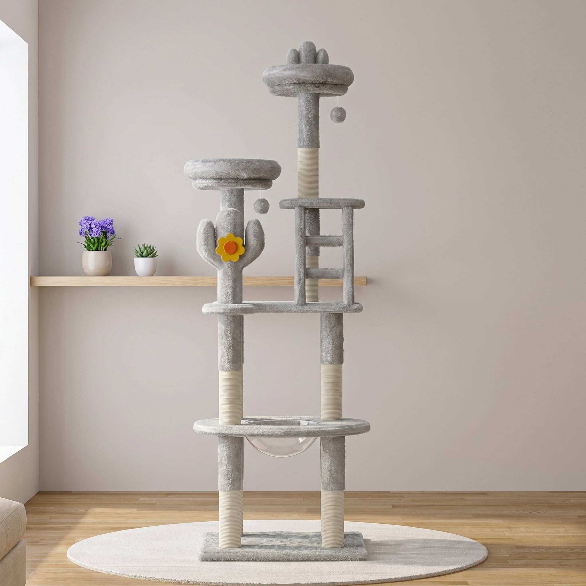 72.05" Multi-Level Cactus Cat Tree with Space Capsule Bubble Bed & Sisal Scratchers - Grey