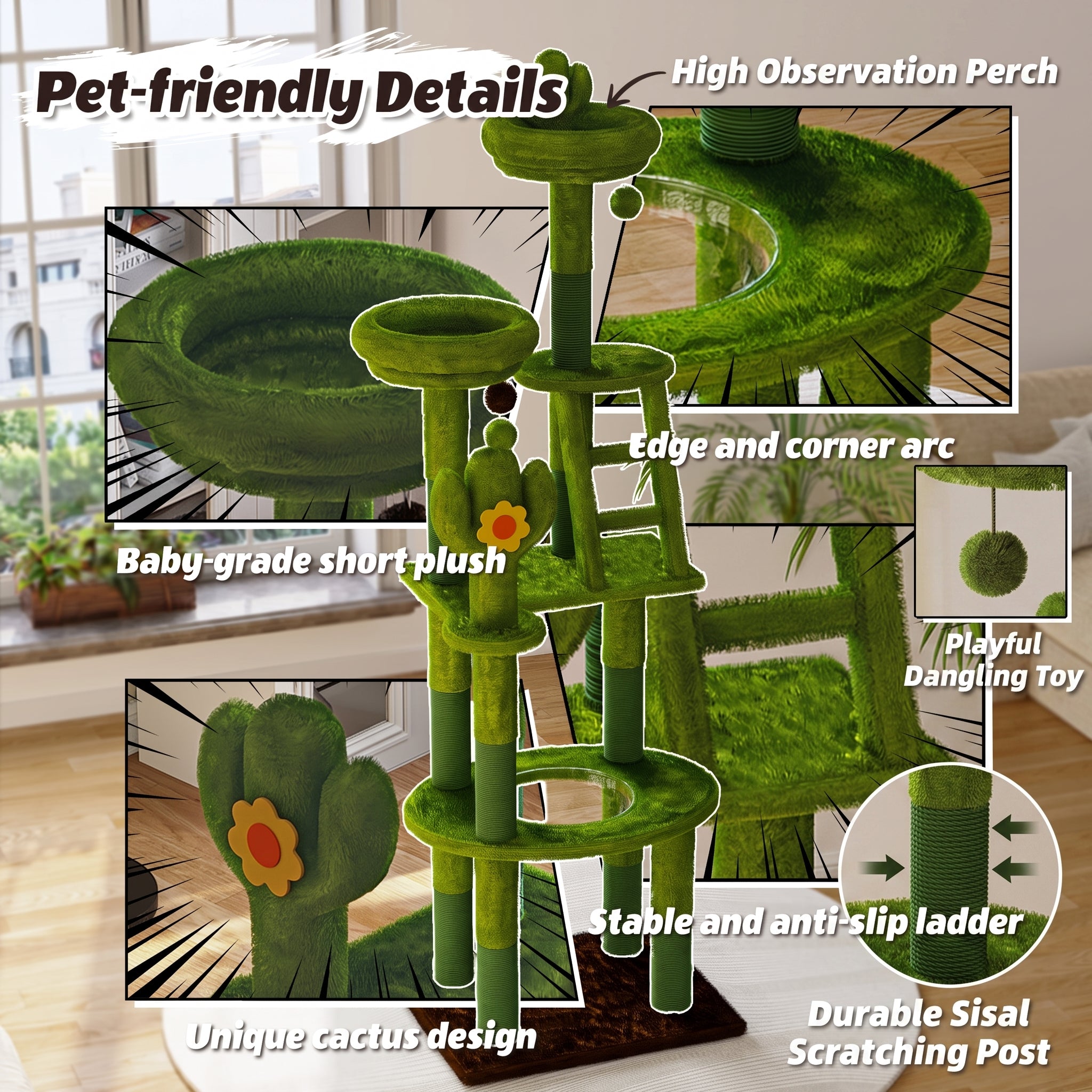 72.05" Multi-Level Cactus Cat Tree with Space Capsule Bubble Bed & Sisal Scratchers - Grey
