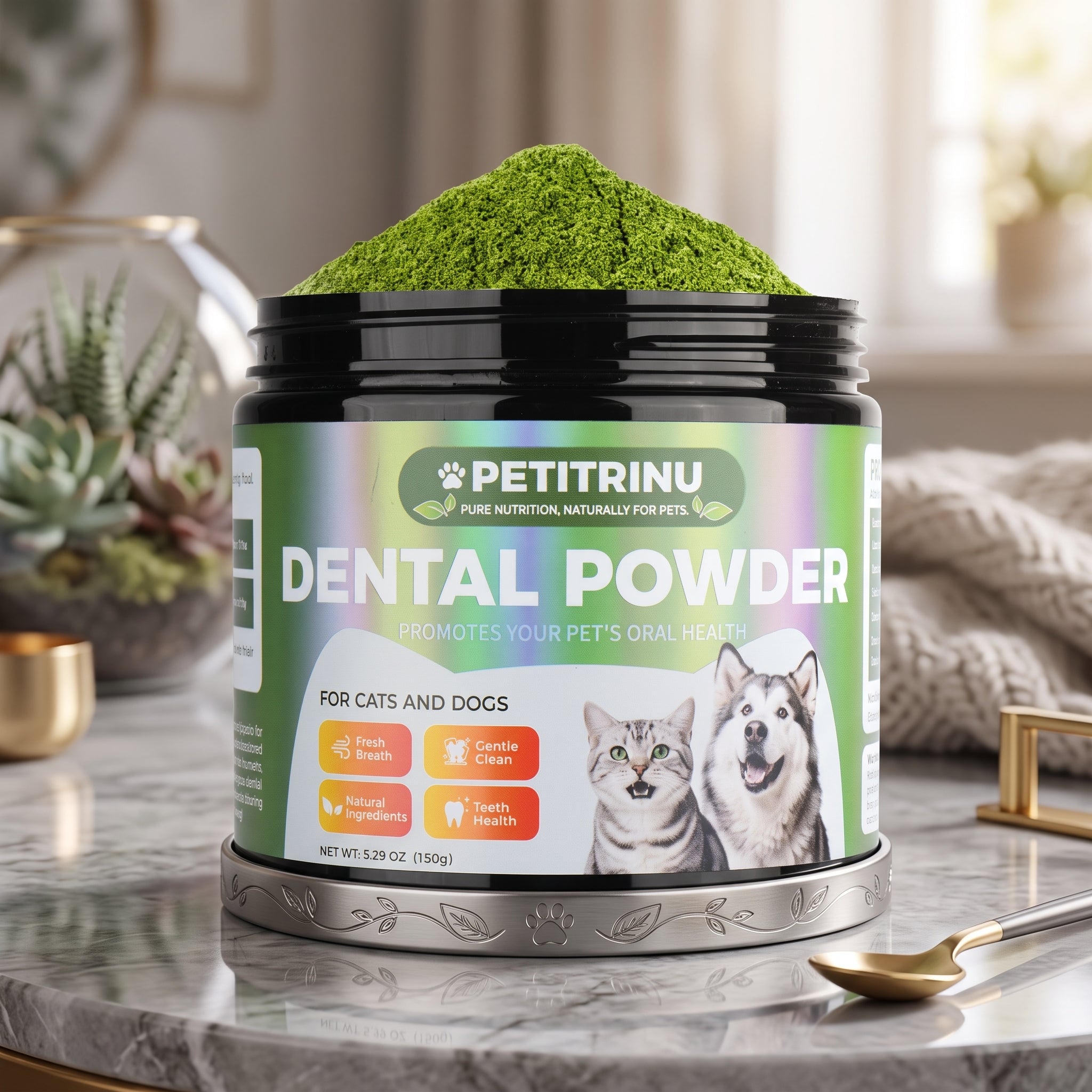 Natural Pet Dental Powder for Dogs & Cats – Freshens Breath, Removes Plaque & Tartar, Advanced Formula (150g / 5.29 oz)