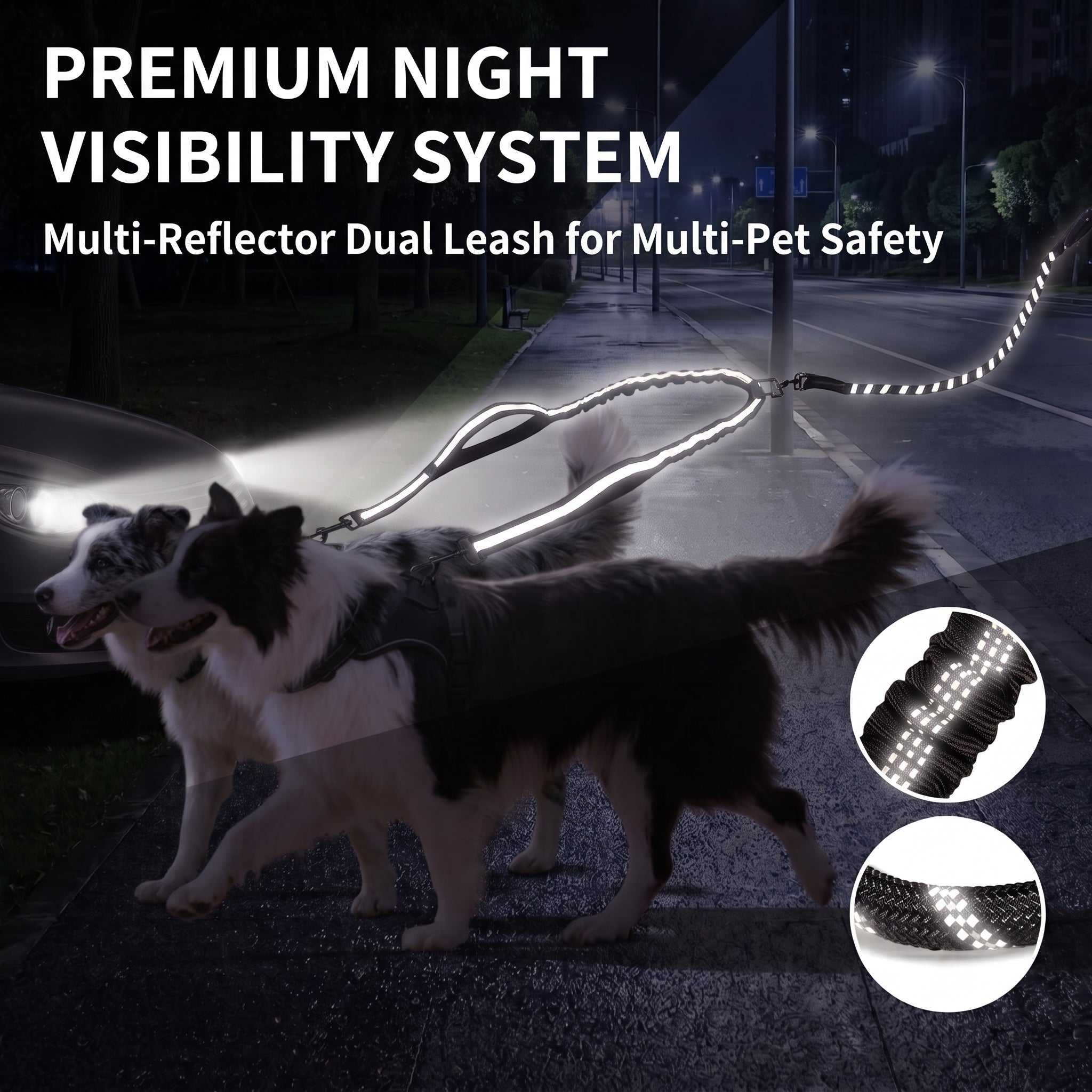 Double Dog Leash No-Tangle, Reflective Heavy Duty Dual Dog Leash with Padded Handle & Bungee Shock Absorbing for Small, Medium, Large Dogs