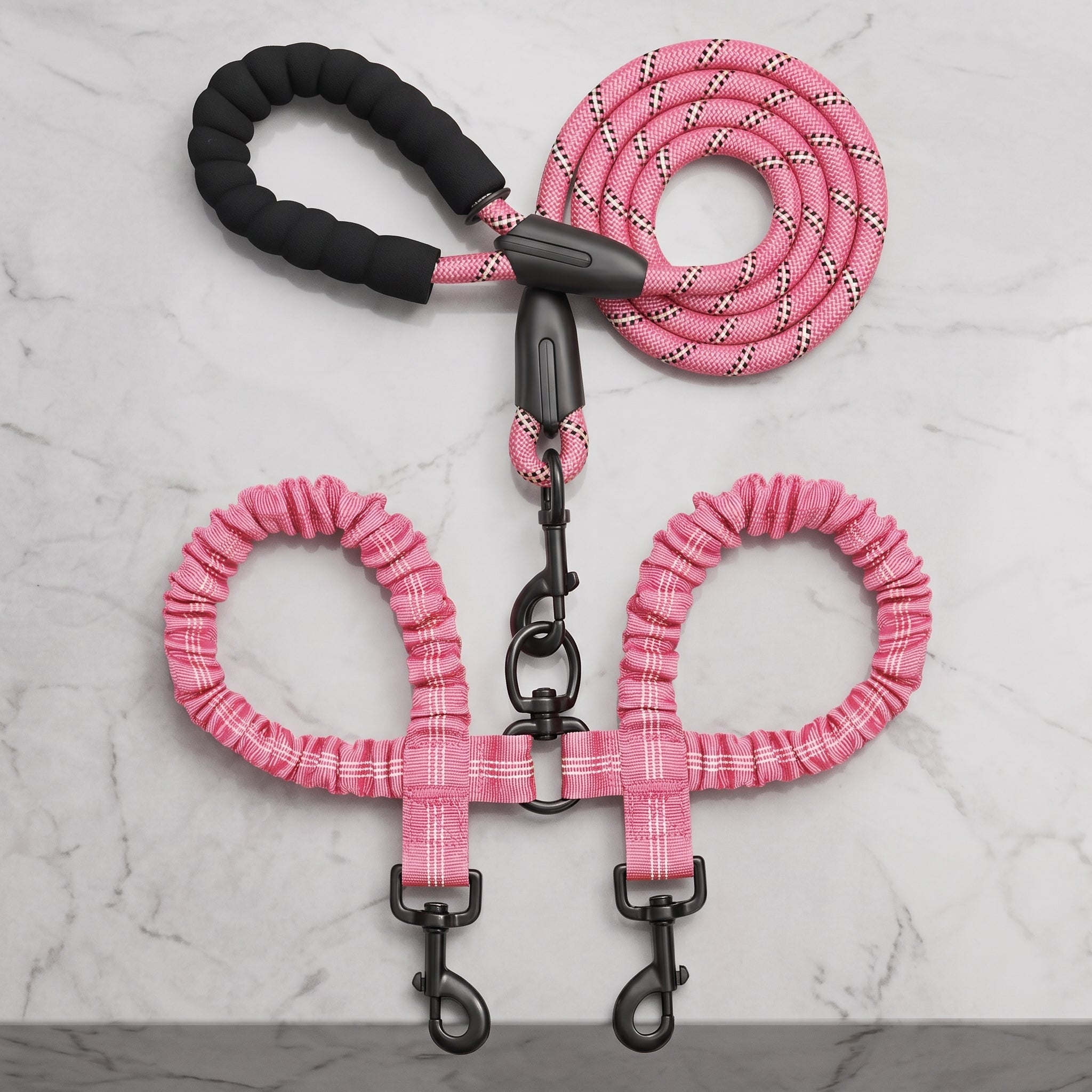 Heavy-Duty Reflective Dual Dog Leash Set – Tangle-Free Double Bungee Extension with Comfortable Padded Handle for 2 Dogs