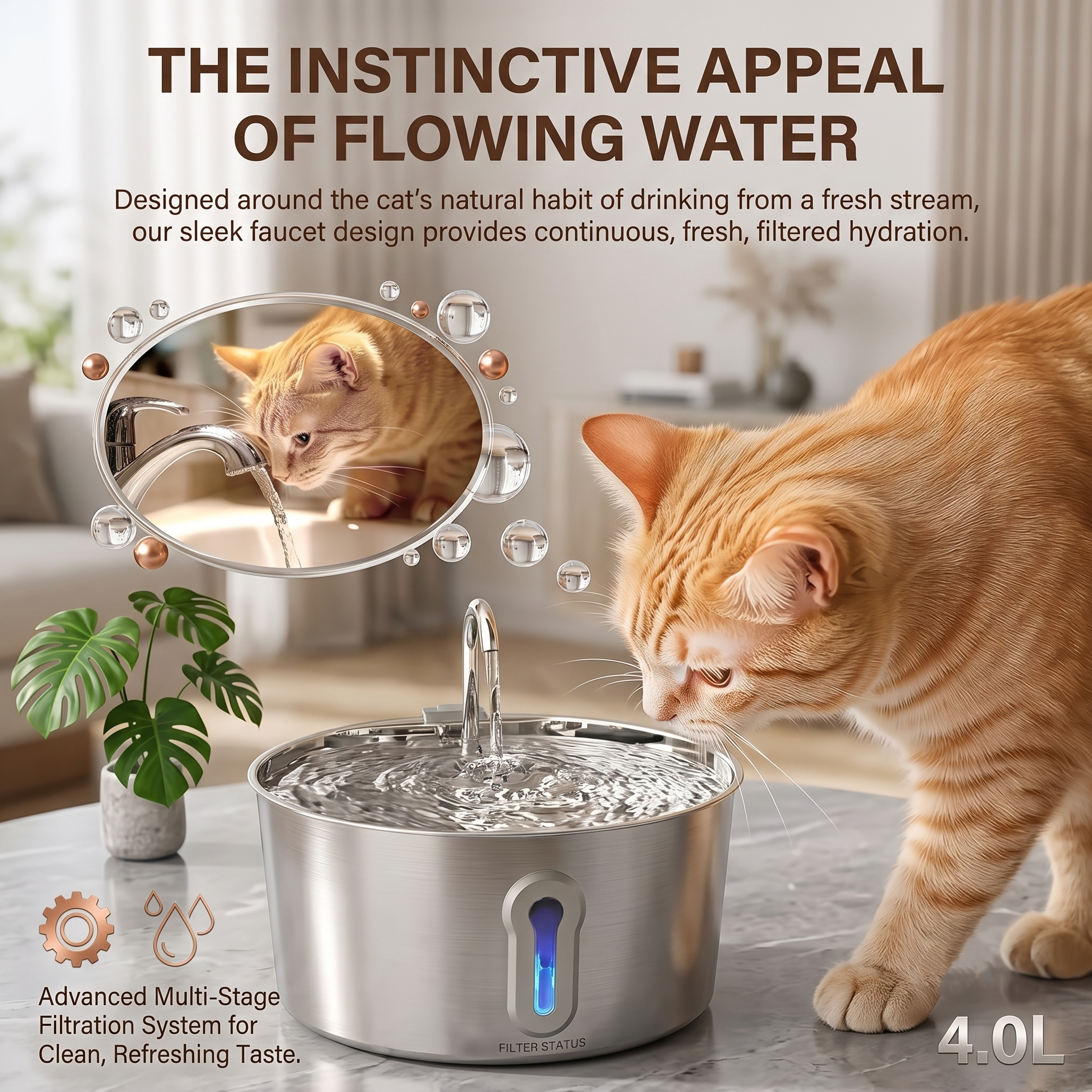 4.0L Stainless Steel Pet Water Fountain - Large Capacity Ultra-Quiet Cat & Dog Dispenser