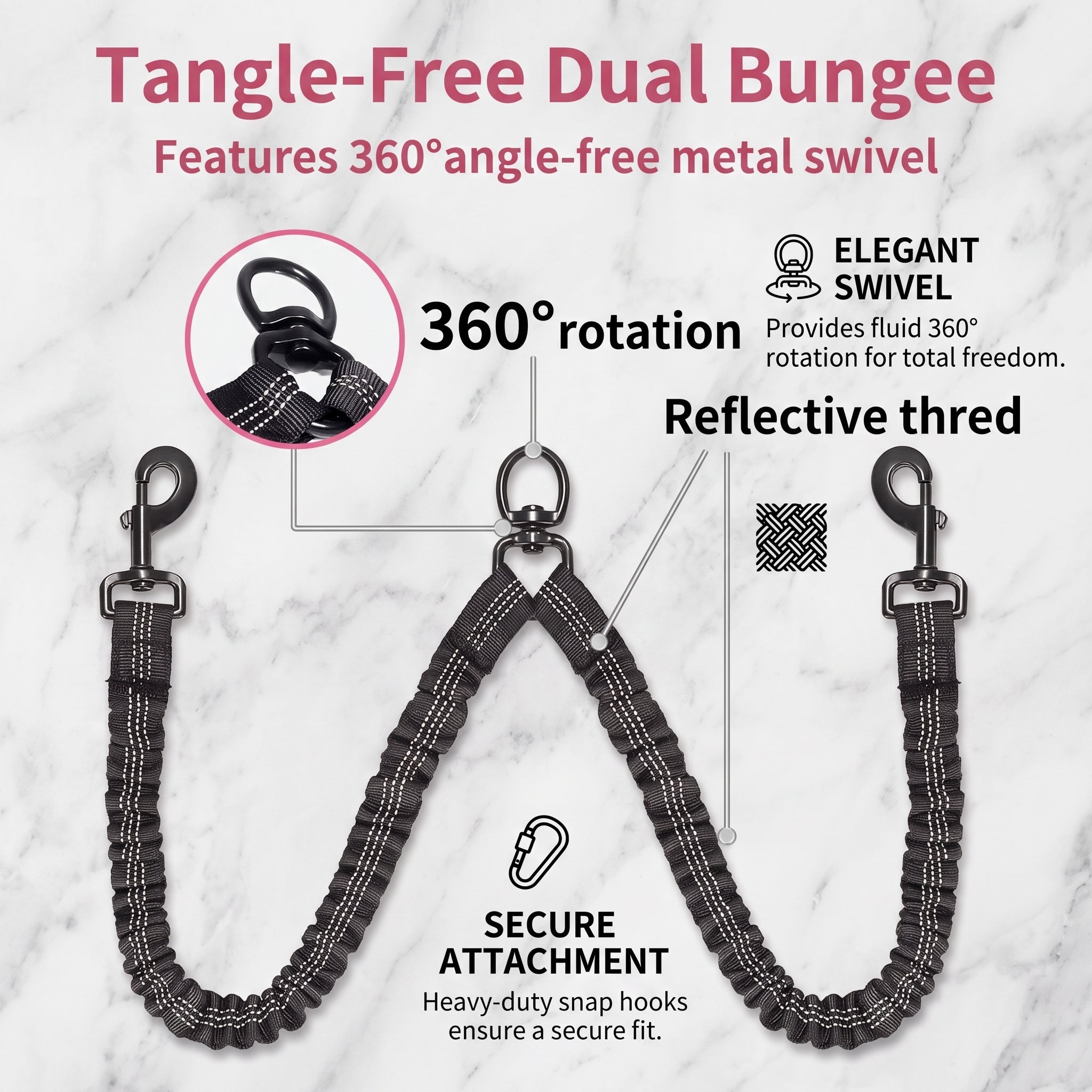 Heavy-Duty Reflective Dual Dog Leash Set – Tangle-Free Double Bungee Extension with Comfortable Padded Handle for 2 Dogs