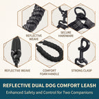 Double Dog Leash No-Tangle, Reflective Heavy Duty Dual Dog Leash with Padded Handle & Bungee Shock Absorbing for Small, Medium, Large Dogs