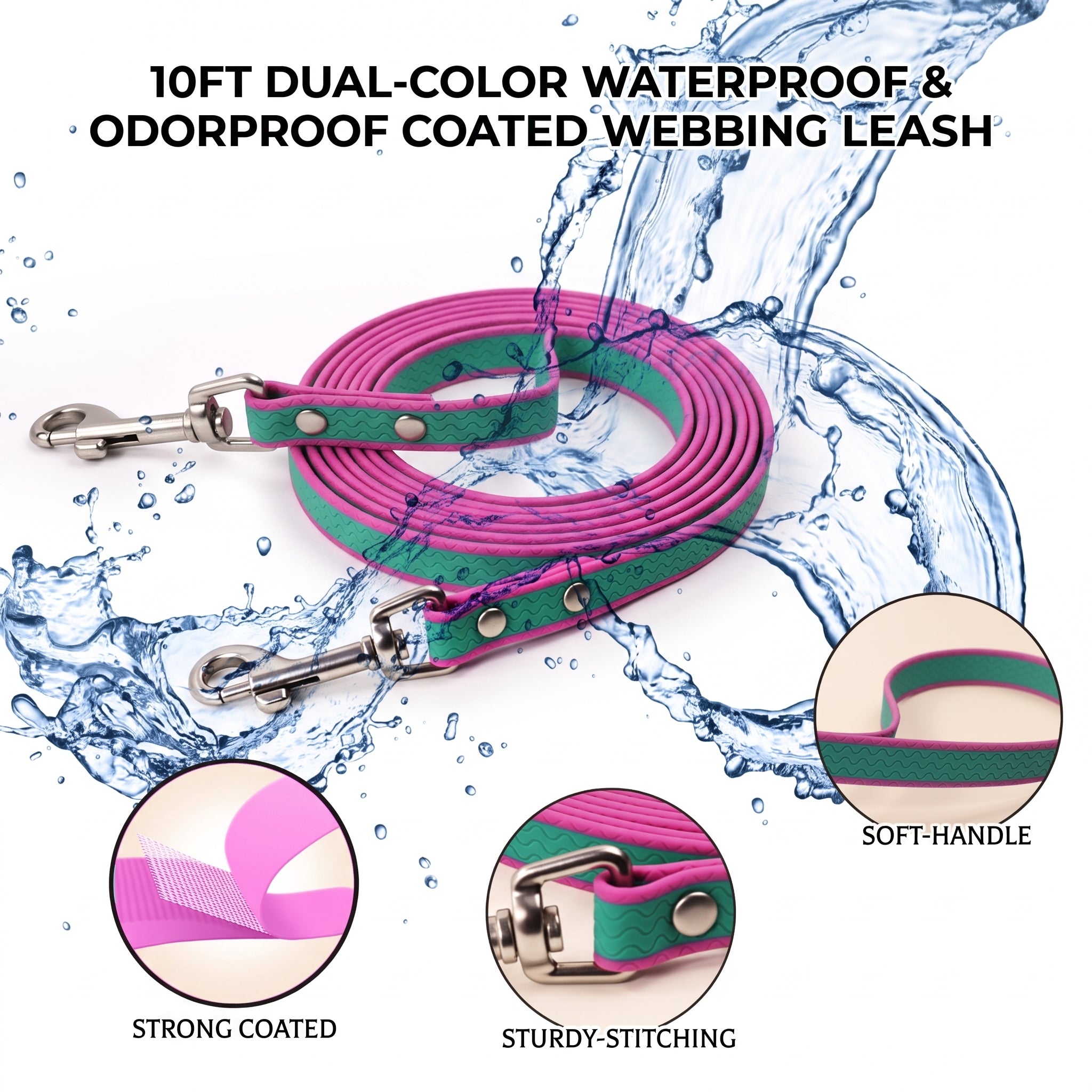 10 Feet Waterproof Long Dog Training Leash - PVC Coated, Odorproof & Tangle-Free Lead for All Dog Breeds