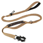 Premium Nylon 2-in-1 Reflective Khaki Tactical Design Car Leash with Shock-Absorbing Bungee, Dual Handles, and Frogtongue Buckle - For Medium to Large Dogs
