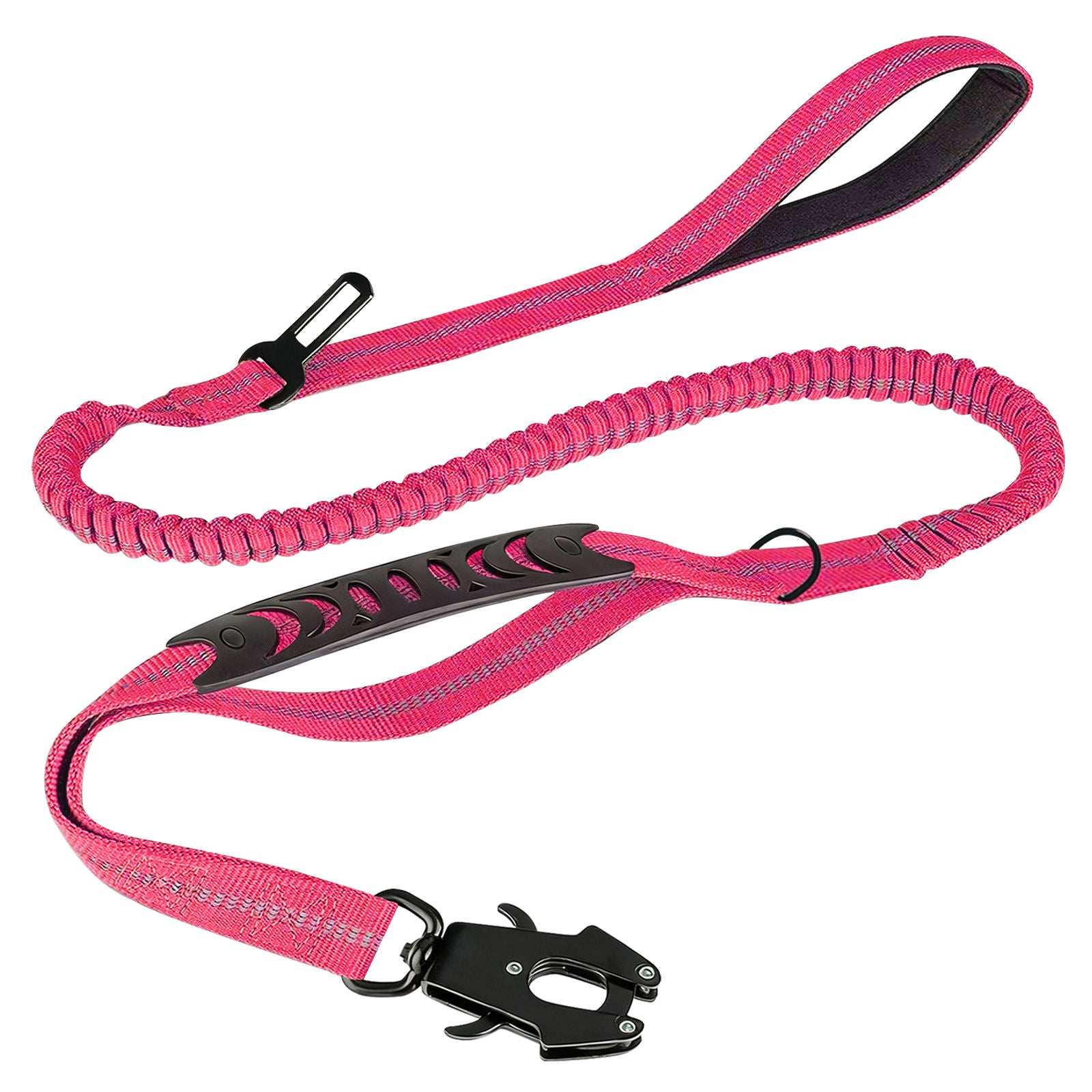 Premium Nylon 2-in-1 Reflective Khaki Tactical Design Car Leash with Shock-Absorbing Bungee, Dual Handles, and Frogtongue Buckle - For Medium to Large Dogs